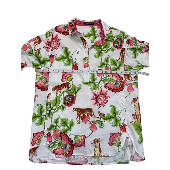 Shirtails Kitty Tunic Button-Up Top Women Size M Floral Tiger White Pink Cotton - Picture 6 of 9